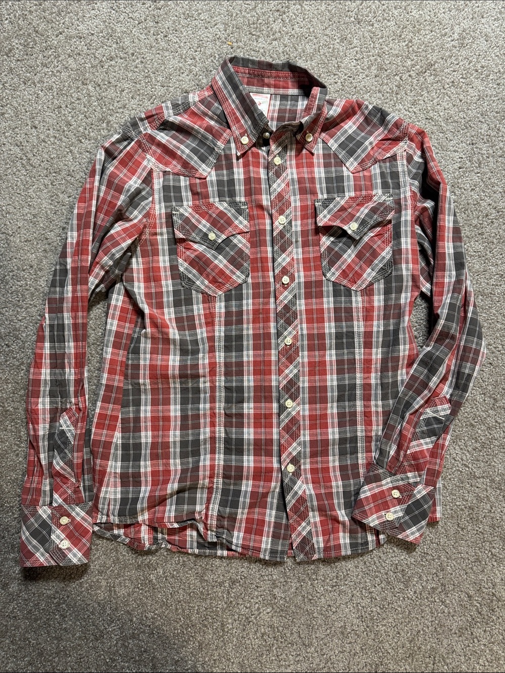 True Religion Men's Red Plaid Button-Up Shirt
